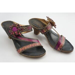 Spring Step L'Artiste Sandals 38 Black Purple Floral Leather Kitten Heel Good